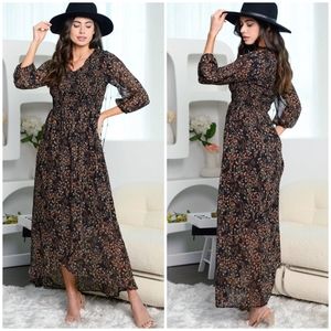 POLAGRAM Bobo Chic Black Ditzy Floral 3/4 Sleeves Maxi Dress